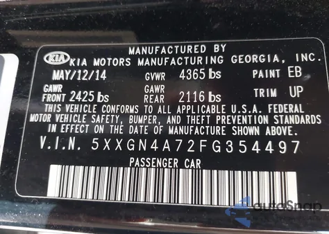 2015 Kia Optima Ex from USA, damaged, VIN 5XXGN4A72FG354497